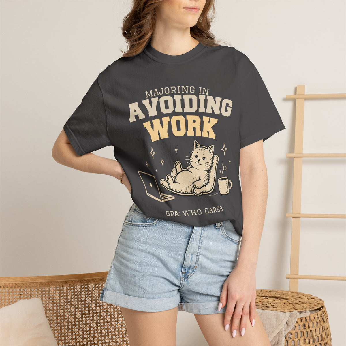 Majoring in Avoiding Work Comfort Colors Shirt, Lazy Cat College Graphic Tee, Funny Student Procrastinator T-Shirt, Oversized Vintage Gift
