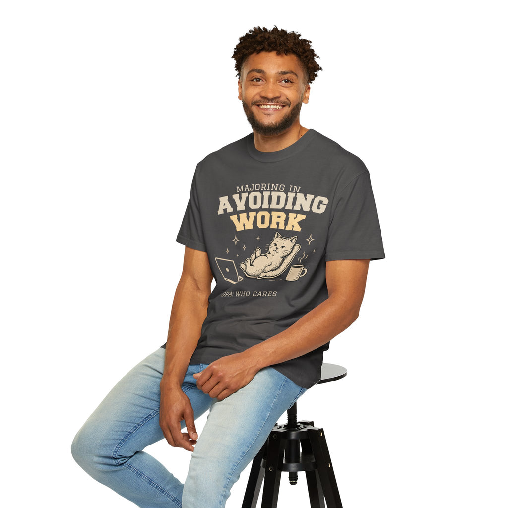 Majoring in Avoiding Work Comfort Colors Shirt, Lazy Cat College Graphic Tee, Funny Student Procrastinator T-Shirt, Oversized Vintage Gift