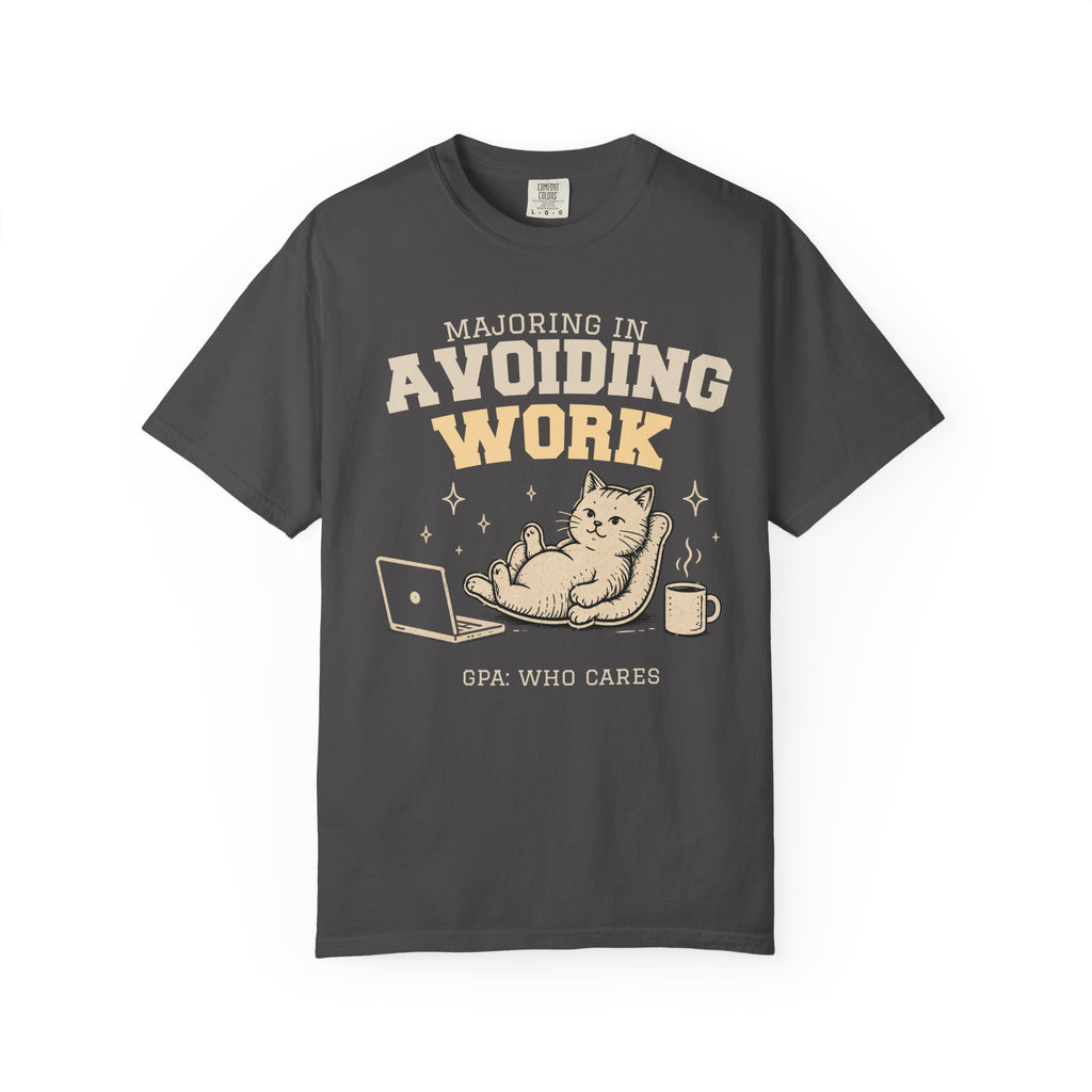 Majoring in Avoiding Work Comfort Colors Shirt, Lazy Cat College Graphic Tee, Funny Student Procrastinator T-Shirt, Oversized Vintage Gift